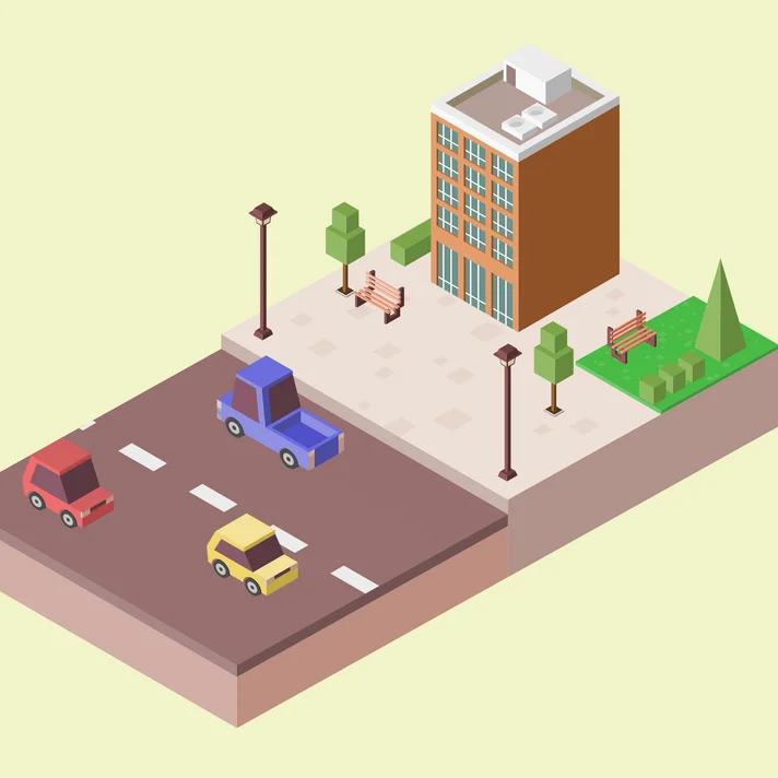 Isometrische Darstellung eines mehrstöckigen Gebäudes mit angrenzender Straße, auf der drei Autos fahren, umgeben von Bänken, Bäumen und Straßenlaternen