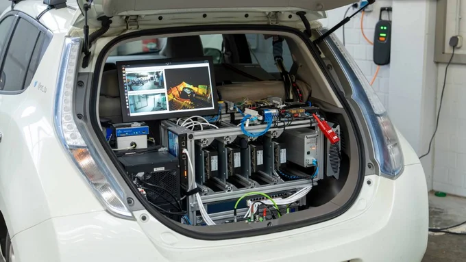 Technische Ausrüstung mit Monitor im Kofferraum eines autonomen Testfahrzeugs.