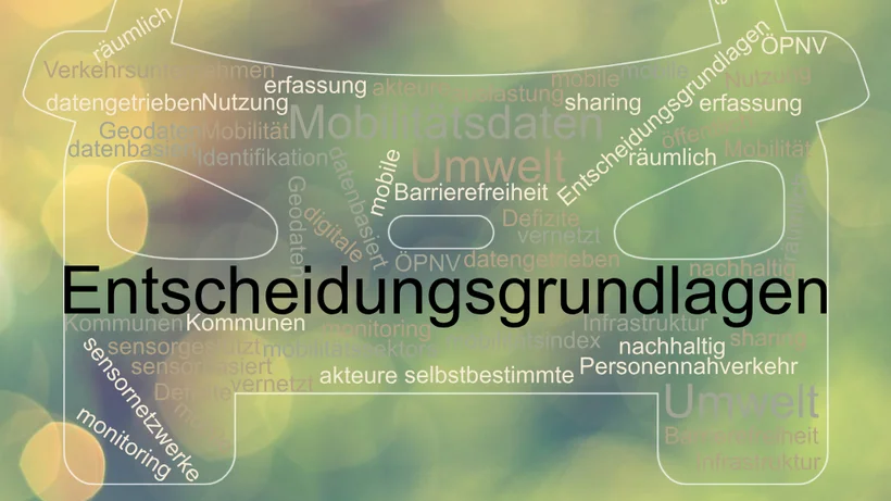 Wortwolke in Form eines Autos mit grün-gelbem Bokeh-Hintergrund. Größte und zentrale Begriffe sind 'Entscheidungsgrundlagen', 'Mobilitätsdaten' und 'Umwelt'. Weitere Begriffe, angeordnet entlang der Autosilhouette, sind unter anderem 'Mobilitätsindex', 'digitale', 'Verkehrsunternehmen', 'datengetrieben', 'Nutzung', 'Geodaten', 'Identifikation', 'Barrierefreiheit', 'ÖPNV', 'sharing', 'erfassung', 'räumlich', 'Kommunen', 'sensorgestützt', 'monitoring', 'sensornetzwerke', 'Personennahverkehr', 'nachhaltig', 'Infrastruktur', 'akteure', 'selbstbestimmte', 'vernetzt', 'Defizite', 'mobilitätssektor', 'öffentlich' und 'Mobilitätssysteme'. Die Wortwolke visualisiert zentrale Themen rund um datenbasierte Mobilität.