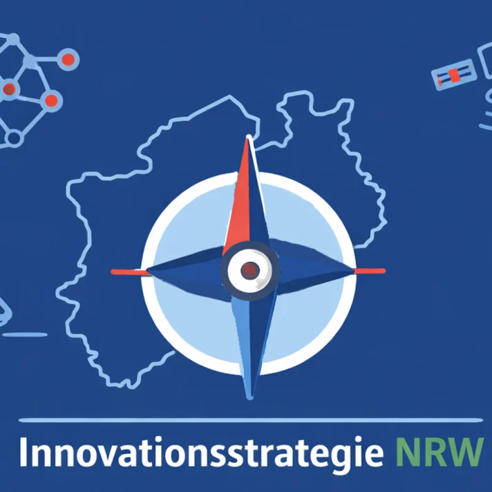 Grafik mit Kompass vor Umriss von Nordrhein-Westfalen umgeben von Symbolen für Technologie, Verkehr, Raumfahrt, Biotechnologie und Nachhaltigkeit mit Text 'Innovationsstrategie NRW'
