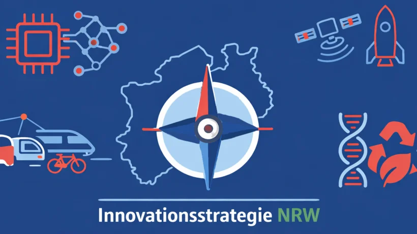 Grafik mit Kompass vor Umriss von Nordrhein-Westfalen umgeben von Symbolen für Technologie, Verkehr, Raumfahrt, Biotechnologie und Nachhaltigkeit mit Text 'Innovationsstrategie NRW'
