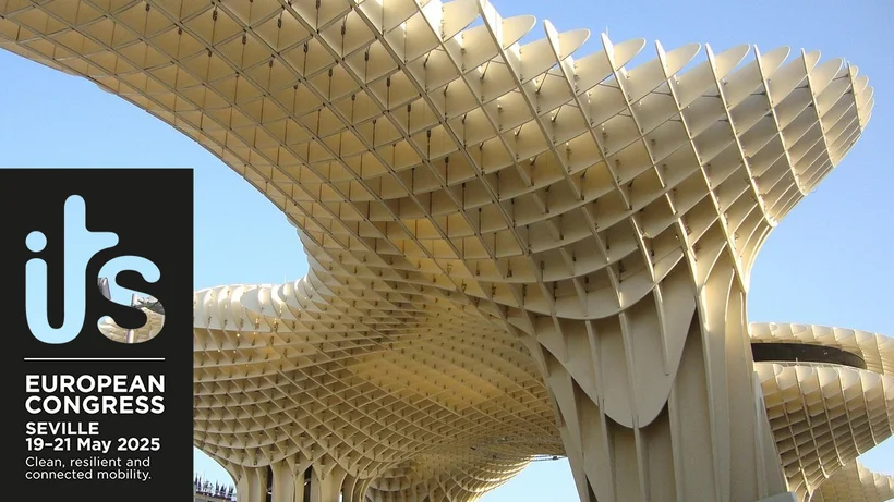 Bild einer Leichtbaustkulptur mit dem Logo der ITS und dem Hinweis , dass der Kongress vom 19. - 21. Mai 2025 in Sevilla stattfindet.