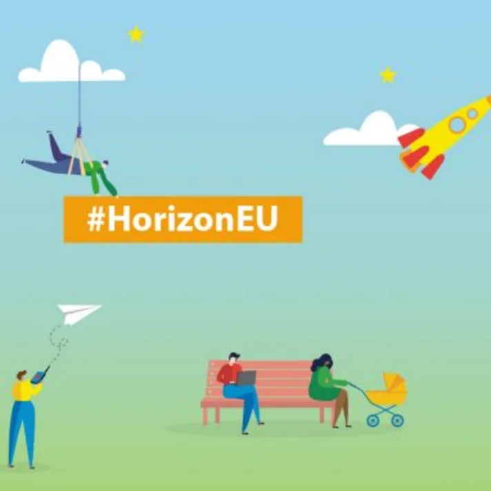 Bunte Illustration zum EU-Forschungsprogramm „Horizon Europe“ mit großen 3D-Buchstaben, Figuren aus Wissenschaft, Alltag und Technik sowie dem Hinweis auf die Förderperiode 2021–2027.