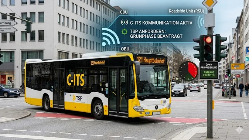 Städtischer Bus mit der Aufschrift 'C-ITS' fährt an einer Ampelkreuzung mit mehreren Fahrzeugen und Gebäuden im Hintergrund