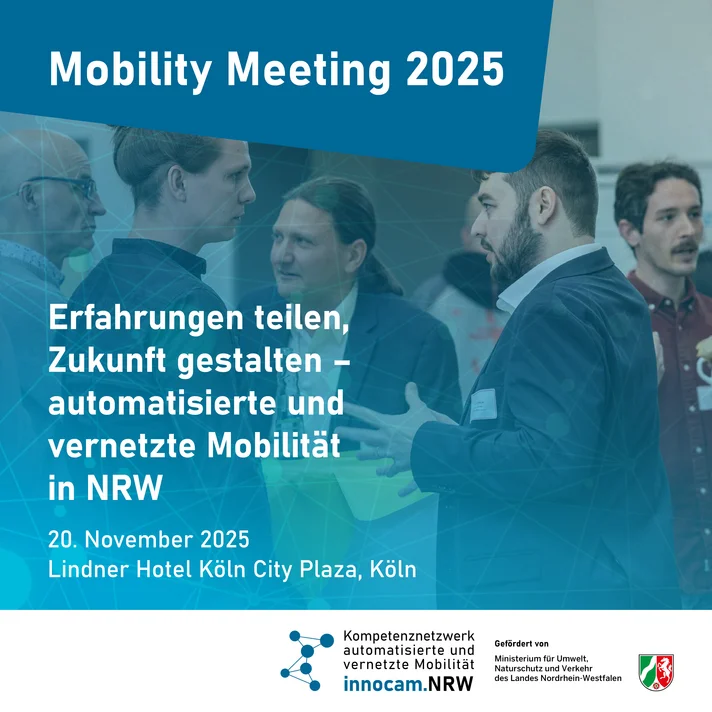 Grafik zum „Mobility Meeting 2025“ des Netzwerks innocam.NRW. Im Hintergrund sprechen mehrere Personen miteinander, im Vordergrund steht der Veranstaltungstitel mit Datum und Ort: 20. November 2025, Lindner Hotel Köln City Plaza.