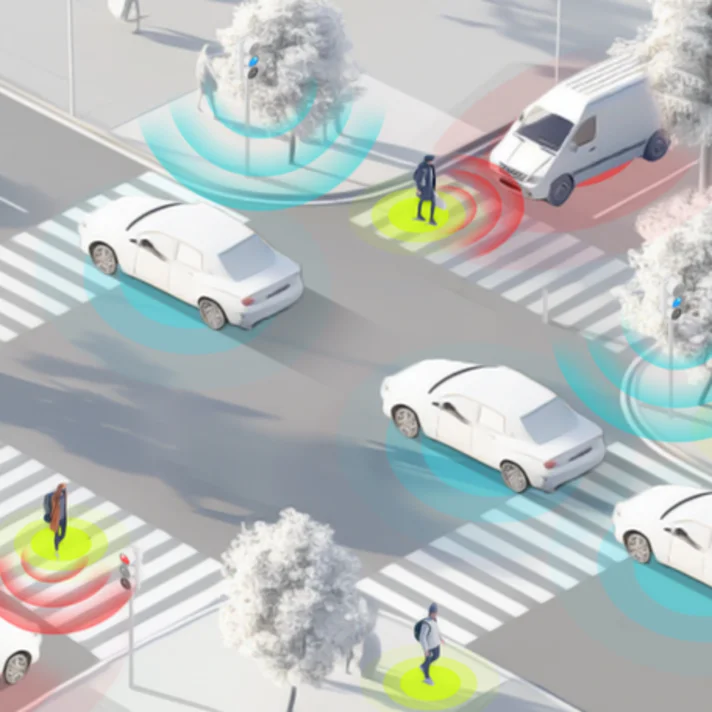Stilisierte, in weiß und grau gehaltene Darstellung von mehreren Autos an einer Kreuzung mit Fußgängerüberwegen, umgeben von Bäumen und mehreren Fußgängern, dargestellt mit farbigen Sensorwellen.