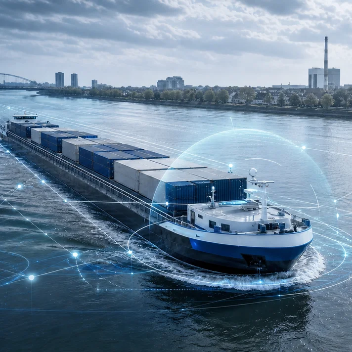 Binnenschiff mit Containern auf einem Fluss vor einer Stadt mit digitalem Paragraphenzeichen im Vordergrund