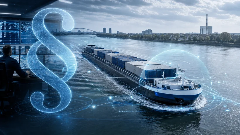 Binnenschiff mit Containern auf einem Fluss vor einer Stadt mit digitalem Paragraphenzeichen im Vordergrund