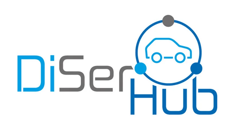 Logo mit stilisiertem Auto in vernetztem Kreis und dem Schriftzug „DiSerHub“.