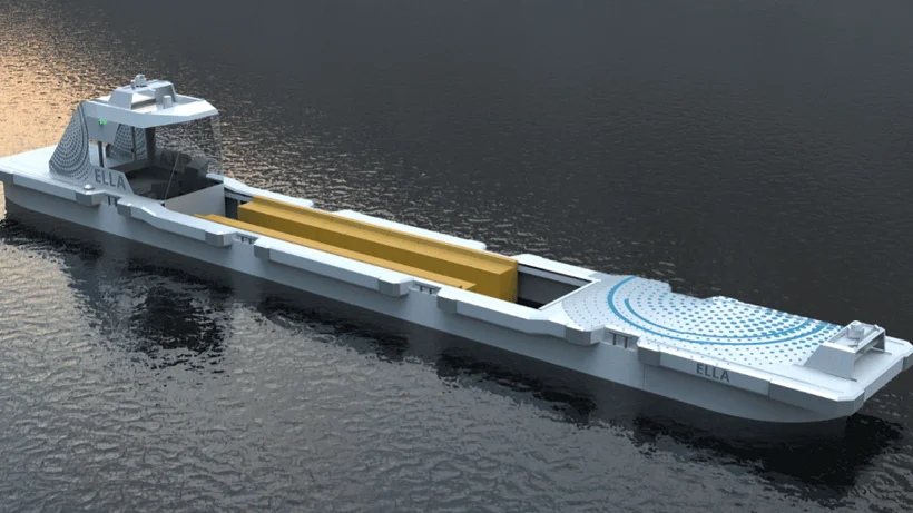 Visualisierung eines autonomen Schiffs mit Namen ELLA auf dem Wasser, es ist eine verkleinerte Variante eines langen, flachen Binnentransportschiffs.