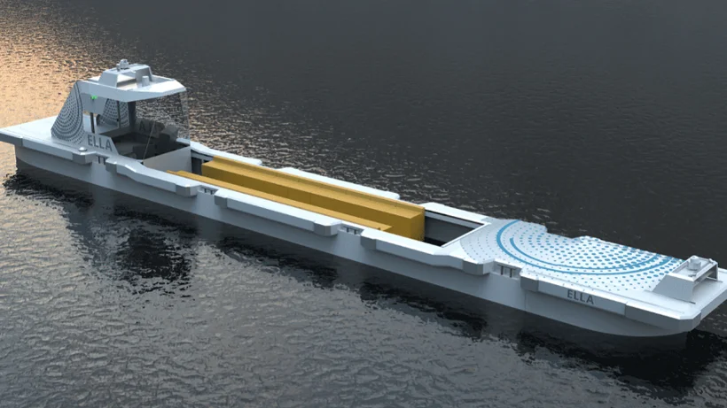 Visualisierung eines autonomen Schiffs mit Namen ELLA auf dem Wasser, es ist eine verkleinerte Variante eines langen, flachen Binnentransportschiffs.