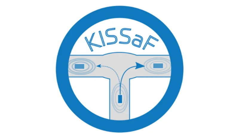 Logo des Projekts KISSaF: Ein stilisierter Straßenverlauf mit einem zentralen Fahrzeug, das an einer T-Kreuzung zwei mögliche Fahrtrichtungen erkennt.