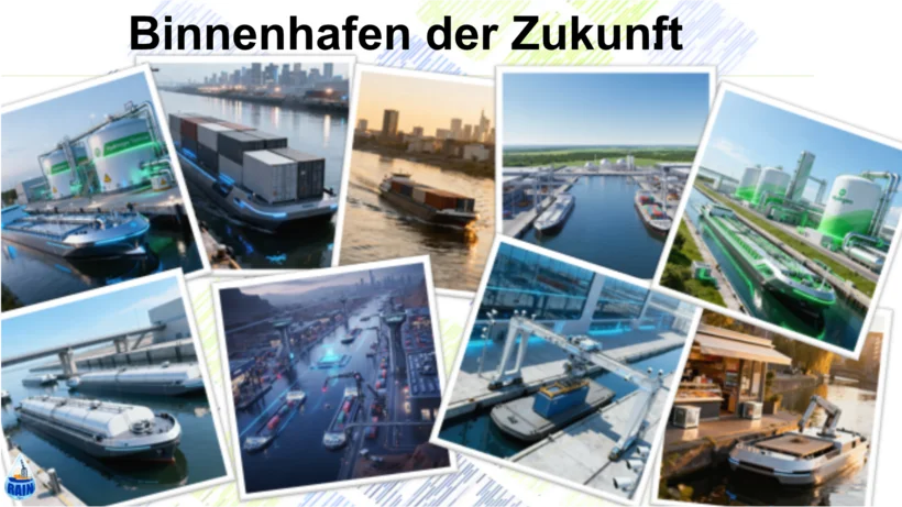 Collage aus Fotos von modernen Binnenhäfen mit Containerschiffen, Kränen und Lagerhallen bei Tages- und Abendlicht