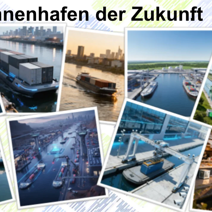 Collage aus Fotos von modernen Binnenhäfen mit Containerschiffen, Kränen und Lagerhallen bei Tages- und Abendlicht