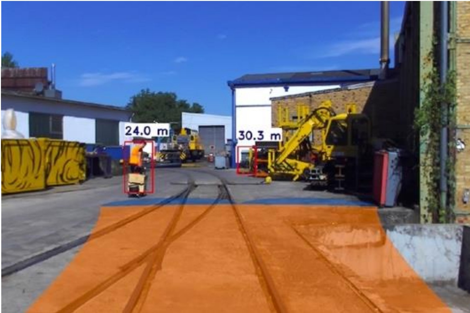 Industriegelände mit Gleisen, zwei gelb-orangefarbenen Baumaschinen und Entfernungsangaben in Metern in roten Rechtecken.