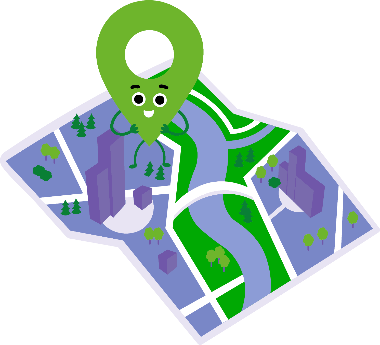 Stilisierte Stadtkarte mit Fluss, Straßen, Gebäuden, Bäumen und einer grünen, lachenden Standortmarkierung mit Armen.