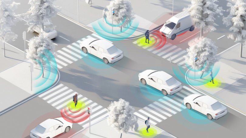 Stilisierte, in weiß und grau gehaltene Darstellung von mehreren Autos an einer Kreuzung mit Fußgängerüberwegen, umgeben von Bäumen und mehreren Fußgängern, dargestellt mit farbigen Sensorwellen.
