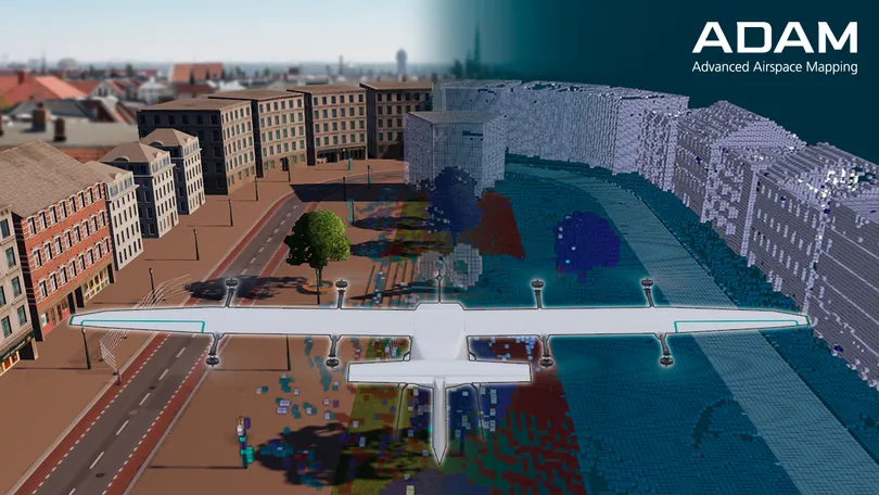 3D-Stadtmodell mit Brücke über einen Fluss, Gebäuden und Bäumen, rechts mit farbigen Punktwolken überlagert, links realistische Darstellung.